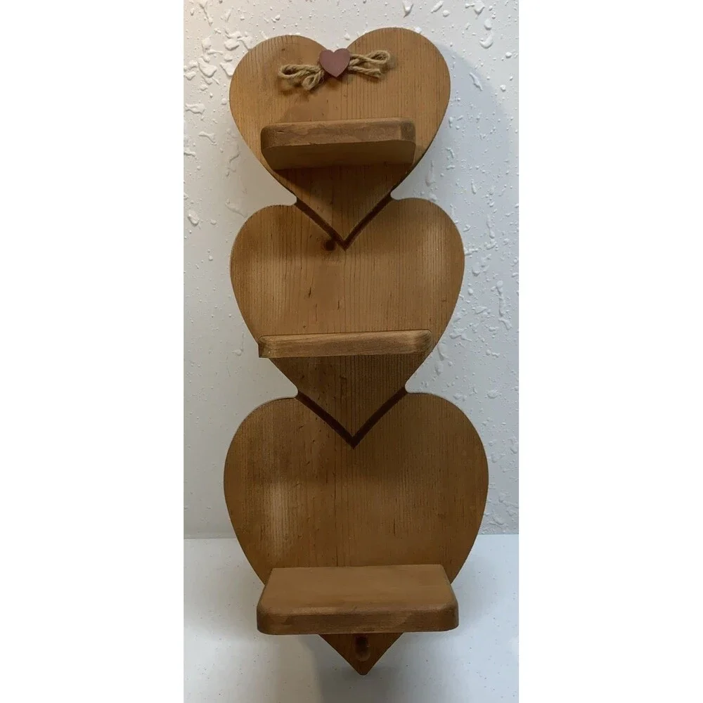 Vintage Country Wooden Heart Tiered Shelf With Peg Farmhouse Rustic Knick Knack